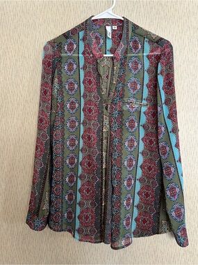 Kut Womens Sheer Green Floral Pattern Button Down Shirt Blouse Size Medium